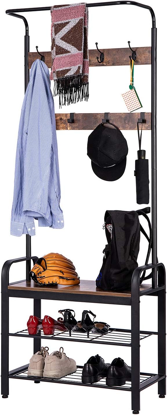 VIVOHOME 3-in-1 Entryway Hall Tree, Heavy Duty MDF Stand Coat Rack with Storage Bench, Industrial Wood Furniture with Stable Metal Frame, 8 Hooks: Home Improvement