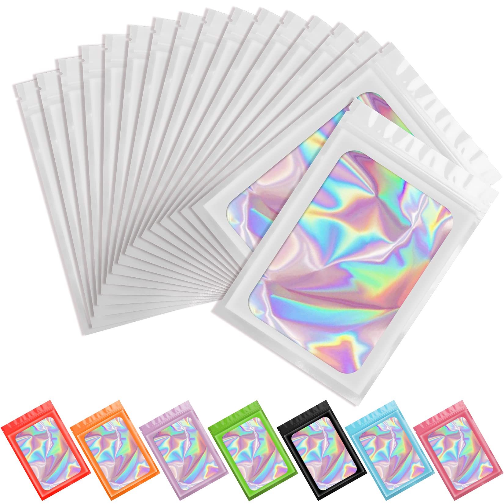 Photo 1 of 100 pcs Smell Proof Mylar Holographic Bags Packaging Bags, Resealable Odor Proof Bag Foil Pouch Zipper Bag for Food Storage (White, 4.7 x 7.9 Inch)