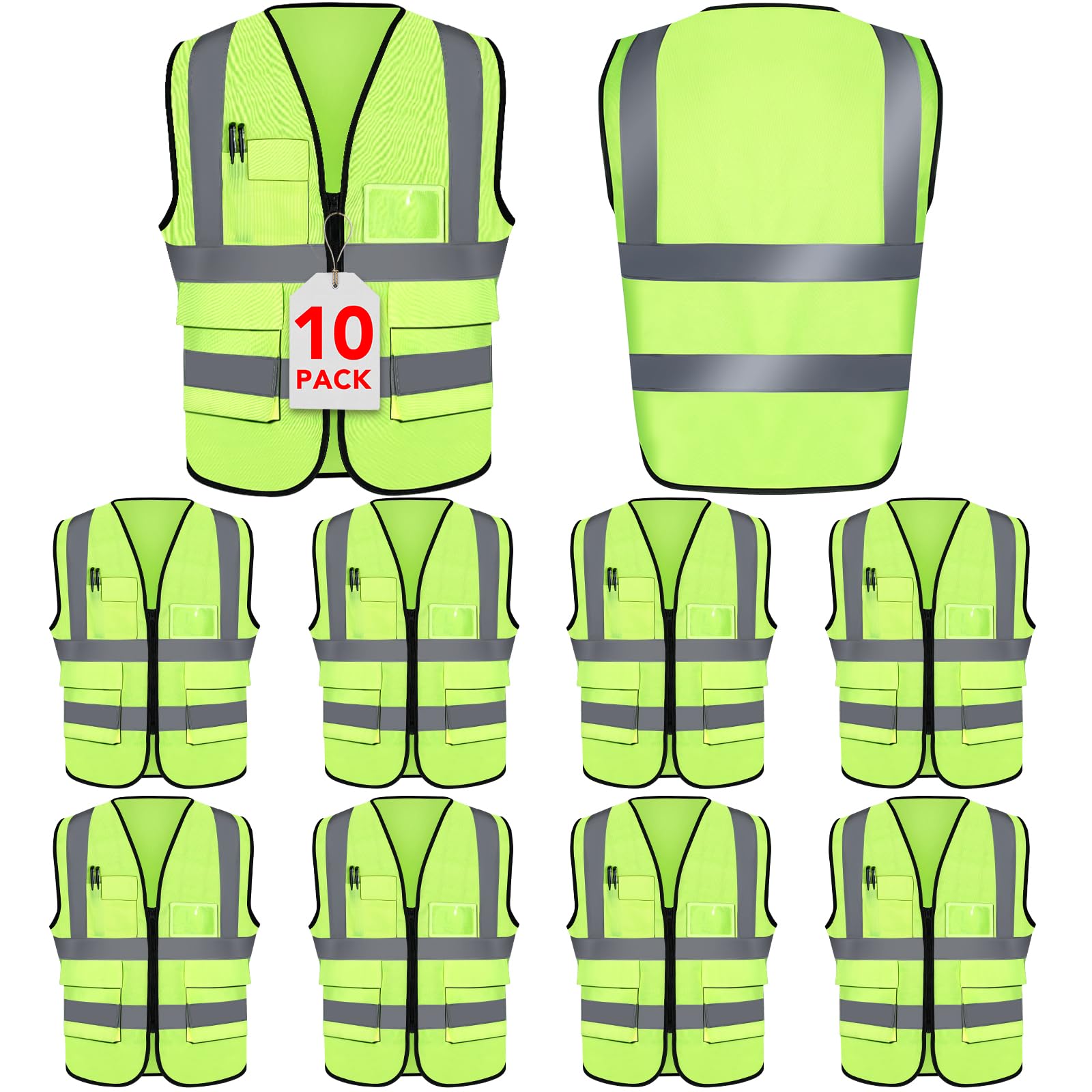 Photo 1 of XPCARE 10-Pack Hi Vis Reflective Safety Vest with Pockets, Green High Reflective Strips Zipper Work Vest for Men and Women(Large)