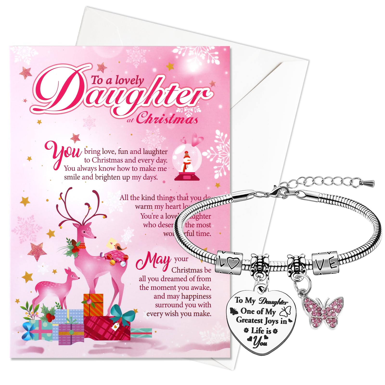 HOWAF Daughter Christmas Card, Xmas Card Daughter Gifts & Heart Bracelet, Gifts for Christmas from Mum Dad