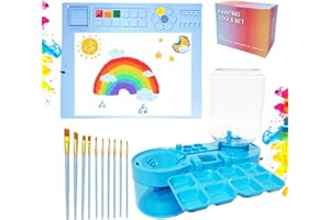WZWXXQ Painting Station, Paint Brush Cleaner (Upgraded) and Silicone Painting Mat 20"X16" with 10 Paint Brushes, Leak Proof Paint Brush Rinser, Gift for Adults Artist Beginners