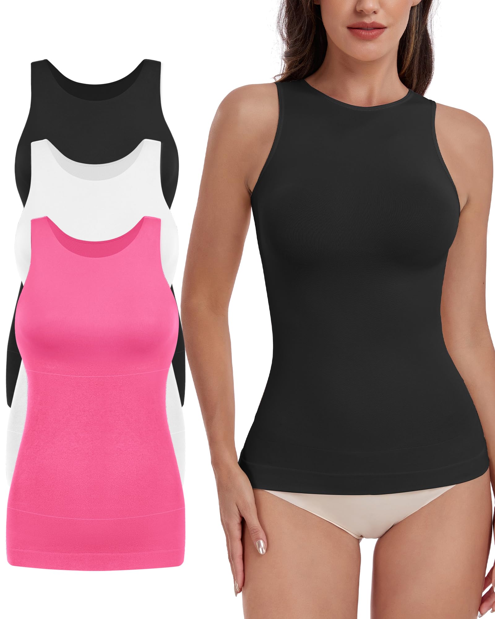 Photo 1 of EUYZOU Women 3PK Shapewear Tummy Control Tank Tops Seamless Compression Tops Body Shaper Camisole, Black/White/Pink L