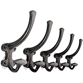 Ambipolar 5-Pack Decorative Cast Iron Heavy Duty Double Wall Hooks, Vintage Hooks in Antique Black Coat Hooks Wall Mounted for Mudroom, Hat Rack