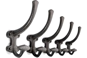 Ambipolar 5-Pack Decorative Cast Iron Heavy Duty Double Wall Hooks, Vintage Hooks in Antique Black Coat Hooks Wall Mounted for Mudroom, Hat Rack, Purse Hooks