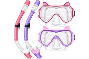 VMKFULER 2025 Cute Kitten Kids Snorkel Set,Pastel Colors, Anti-Fog Tempered Glass Snorkeling Gear for Kids Age 6 and up – Ideal for Birthdays or Graduation Celebrations!