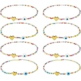 BXDA Heart Evil Eye Stack Bracelets Set for Women, 8Pcs Boho Handmade Stackable Colorful Small Beaded Stretch Bracelets Party Jewelry Gift