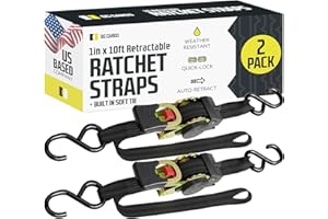 DC Cargo Mall Auto Retractable Ratchet Straps (2-Pack) 1” x 10ft, Heavy Duty, 1,209lb Break Strength – Tie Down Straps for Cargo, Truck, Trailer, Motorcycle, Boat
