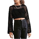 RoseSeek Girl's Hollow Out Knitted Crop Sweater Long Sleeve Crew Neck Drop Shoulder Sheer Pullovers Knitwear