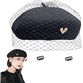 huablo French Berets Hat with Veil Premium Cashmere Beret Elegant Church Wool Hat for Women Solid Artist Hat