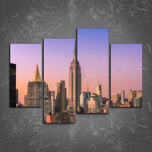 Amazon Com Wall Art New York City Skyline At Sunset With Empire State Building Midtown Print On Canvas Wall Decor Painting For Home Modern Decor 4 Panel Posters Prints