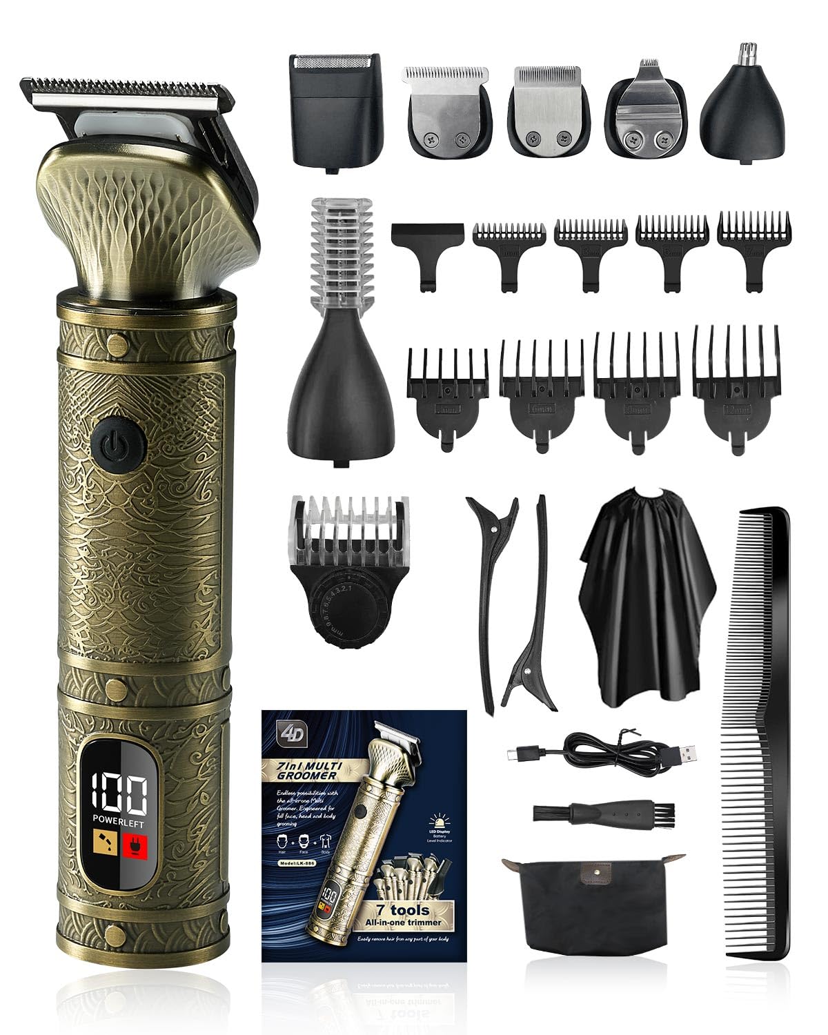 Beard Trimmer Men, Upgraded 7 in 1 Hair Clippers with LCD Display, T-Blade Cordless Grooming Kit, 90 Minutes Rechargeable Shavers, Silent, Retro Trimmer Kit for Nose Ear Body Face, for Men's Gift