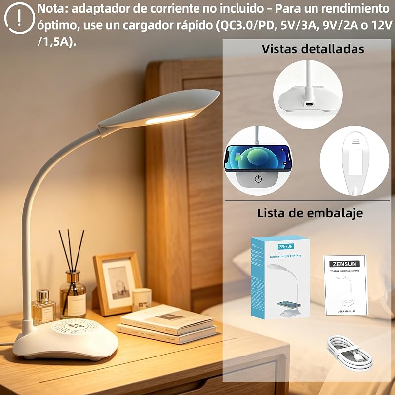 Candeeiro de secretária com carregamento sem fios magnético MagSafe 15W, 3 temperaturas de cor e regulável, 600LM, CRI 85, pescoço ajustável, para escritório em casa, quarto de estudo, branco