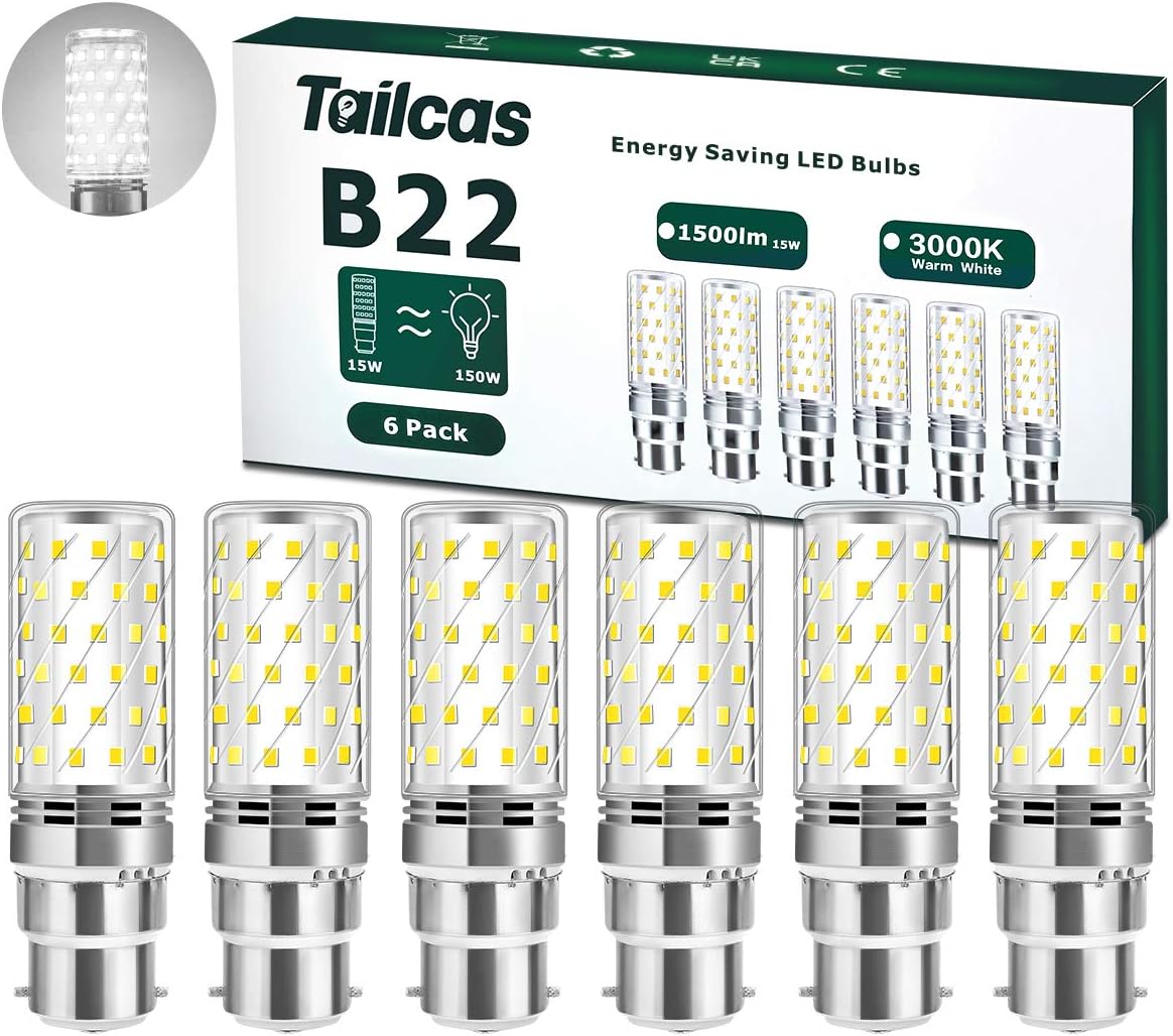 Tailcas B22 LED Bayonet Light Bulbs, 12W Bayonet LED Bulb 6000K Daylight White (Equivalent 100W 150W), 1000Lumen