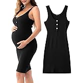 Rnxrbb Striped Button Maternity Dress Summer Bodycon Tank Pregnancy Dresses Sleeveless Clothes Ribbed Knit