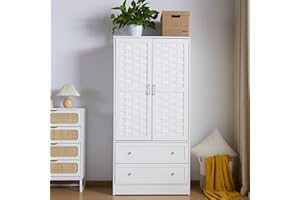 QEIUZON Wardrobe Closet, Freestanding Closet Wardrobe Cabinet with Wide Drawers & Hanging Rod, Armoire for Bedroom, Kids' Room, Dorm (White)
