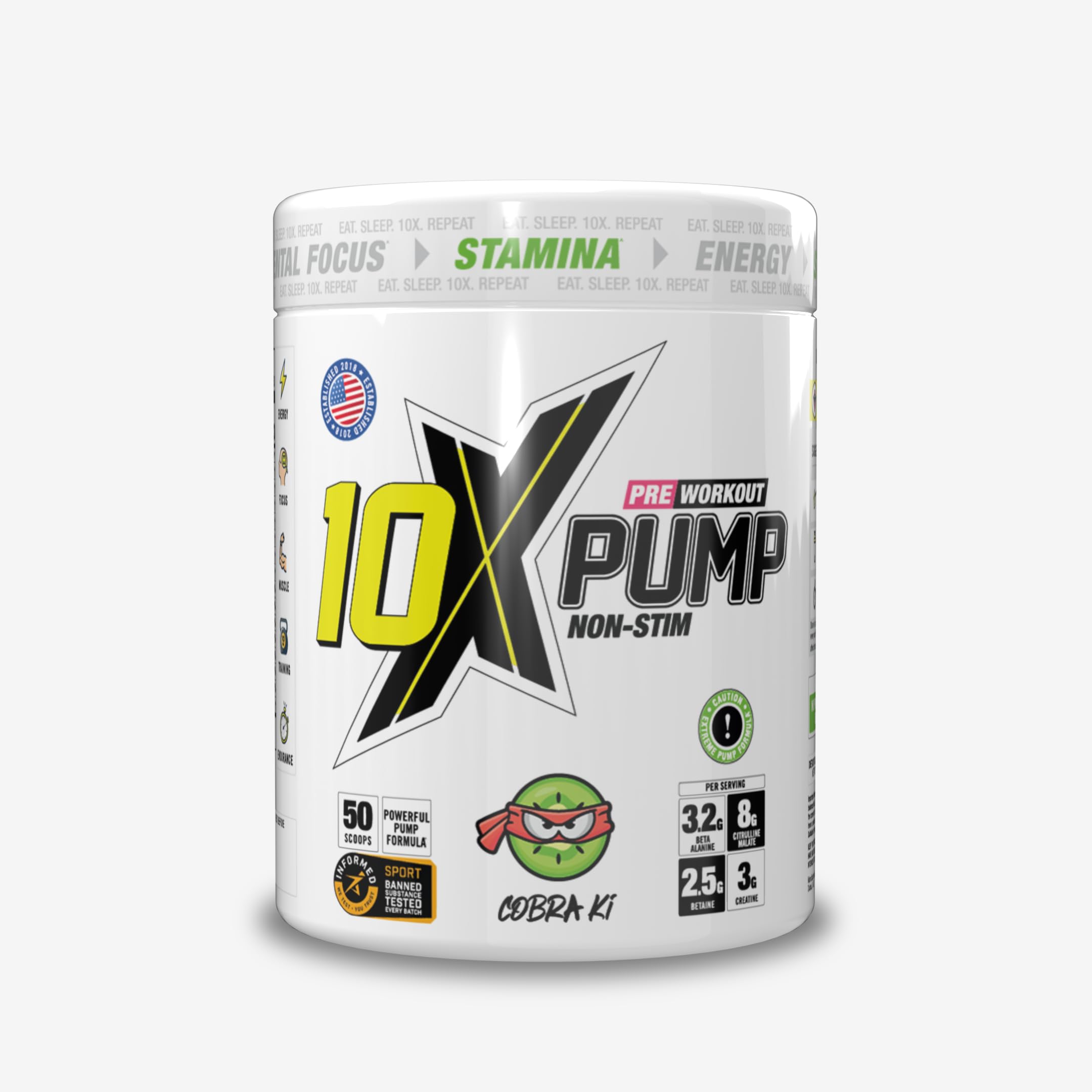 10X Athletic Non Stim Pre Workout No Caffeine Beta Alanine Creatine sugar Free Vegan Low Calorie Various Flavours 600g 25/50 Servings (Cobra Ki)