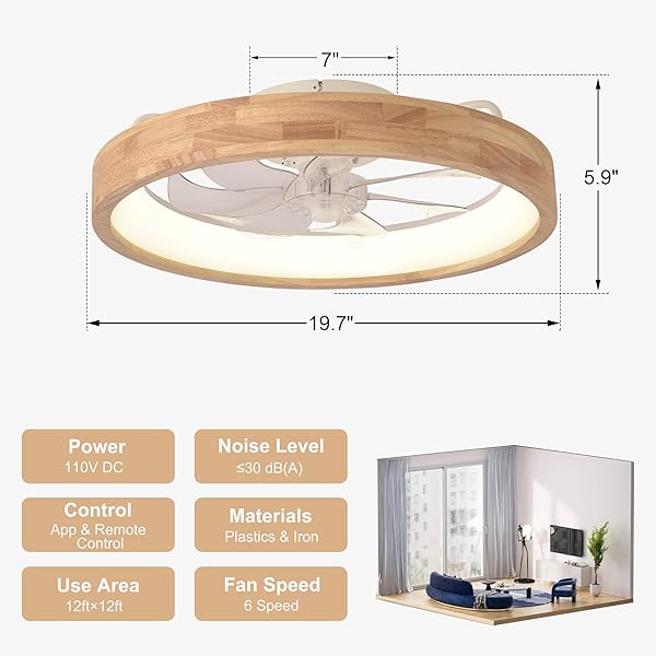 OAKS AURA 20” CEILING FAN WITH LIGHT, 3 COLOR DIMMABLE LED, 6 SPEEDS,REVERSIBLE MODERN WOODEN FLUSH MOUNT LOW PROFILE CEILING FANS WITH LIGHTS AND REMOTE FOR BEDROOM/KIDSROOM/DINNG ROOM