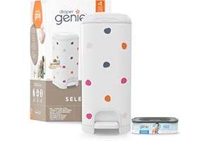 Diaper Genie Select Pail (Multi-Color Polka Dot) is Made of Durable Stainless Steel and Includes 1 Starter Square Refill That can Hold up to 165 Newborn-Sized Diapers.