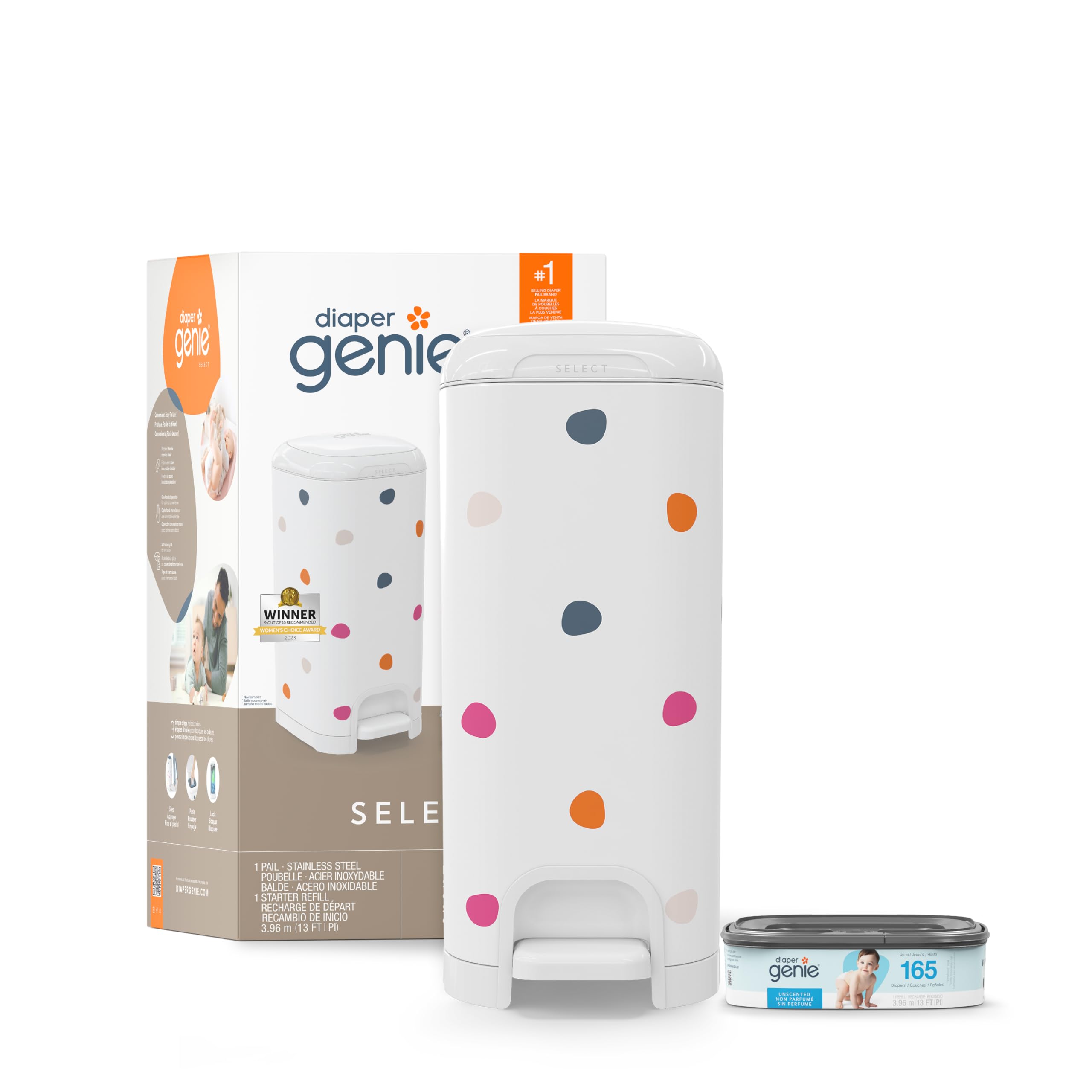Diaper Genie Select Pail (Multi-Color Polka Dot) is Made of Durable Stainless Steel and Includes 1 Starter Square Refill That can Hold up to 165 Newborn-Sized Diapers. Image