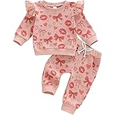 Adobabirl Toddler Baby Girl Valentines Day Outfit Ruffle Long Sleeve Embroidery Shirt and Love Pants Boutique Clothing