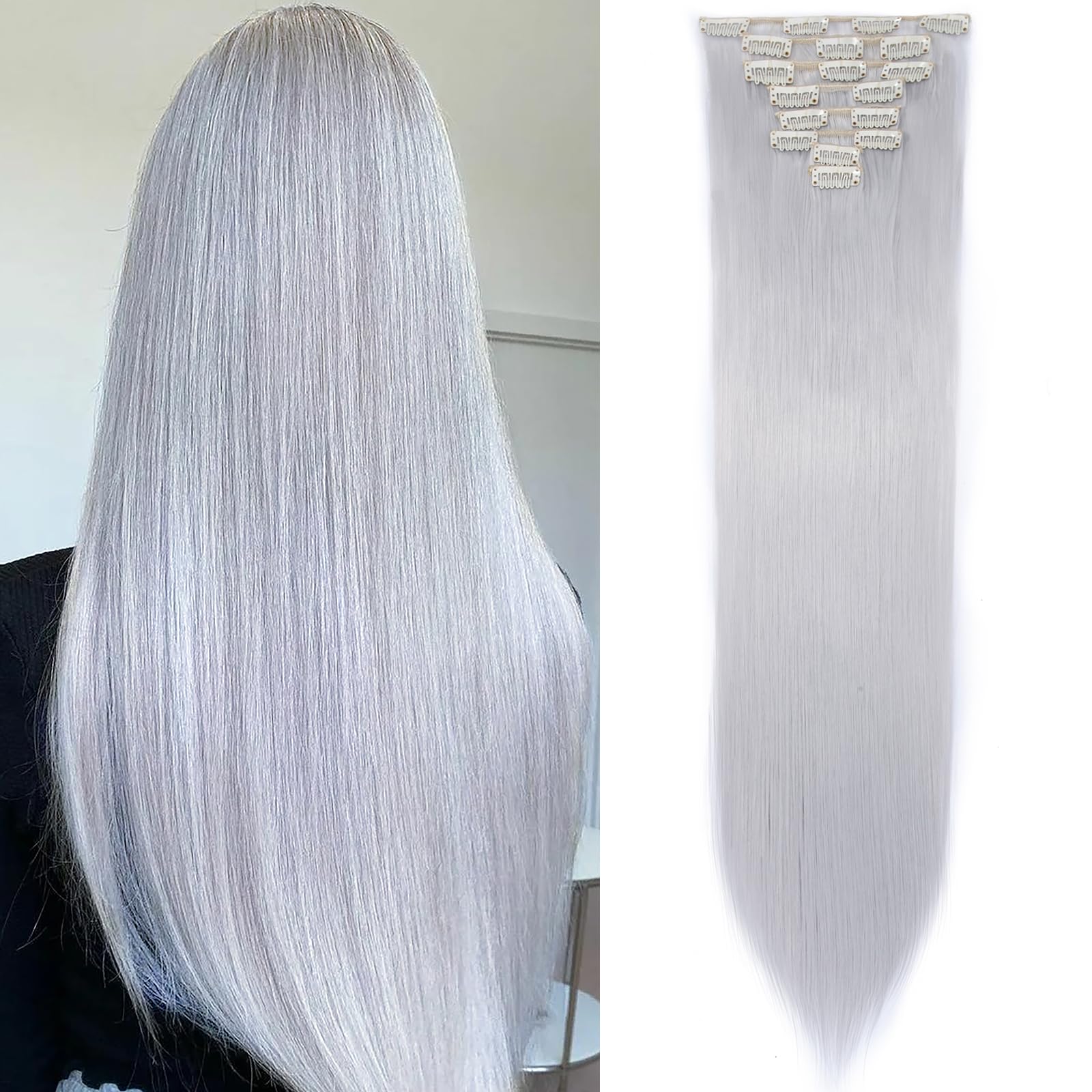 SEGOHAIR 23" Long Curl Clip in Hair Extensions - 8 Pcs, 18 Clips, Synthetic Fiber, Seamless, Full Head - Silver Gray — image 1