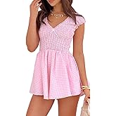 Meiyi station Womens Summer Gingham Rompers V Neck Puff Sleeve Smocked Wide Leg Plaid Shorts Dressy Jumpsuits