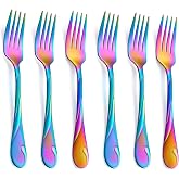 Seeshine Rainbow Salad Fork Set, 6.9-inch Stainless Steel Dessert Forks, 6-Piece Shiny Metal Small Cake Fork, Iridescent Silverware Set, Dishwasher Safe