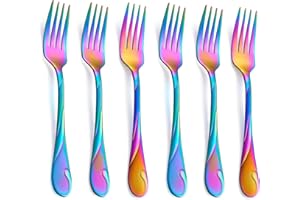 Seeshine Rainbow Salad Fork Set, 6.9-inch Stainless Steel Rainbow Dessert Forks, 6-Piece Shiny Rainbow Metal Small Cake Fork,