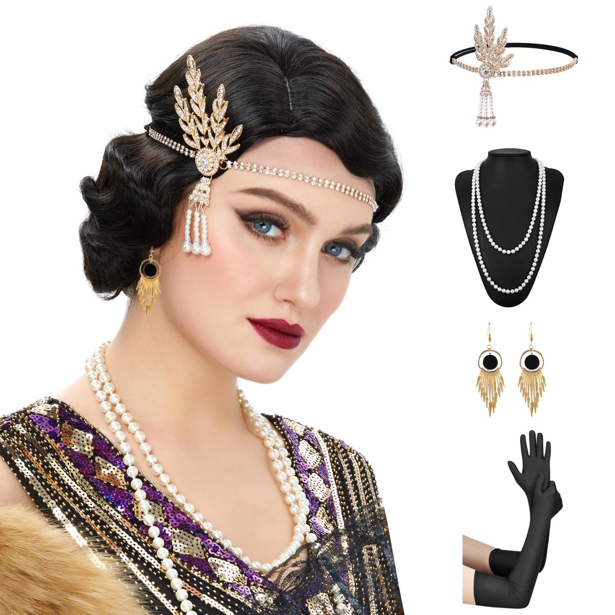 Photo 1 of STfantasy Short Balck 20S Flapper Wig with Headband+ Necklace+Earrings+Gloves Flapper Wave Curly Synthetic Hair for Women 1920s Cosplay Costume Halloween Party Daily Everyday Wear