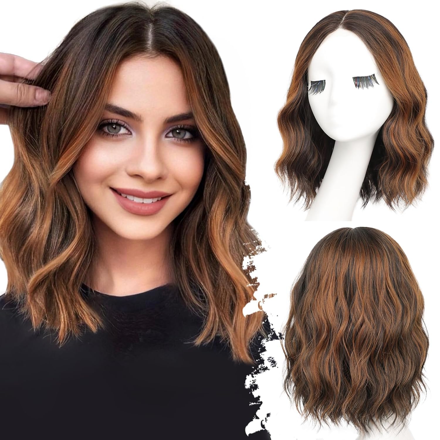 Photo 1 of Eawwii Dark Brown Mixed Chestnut Short Wavy Wig for Women Lace Hairline Bob Style Synthetic Heat Resistant - Natural Appearance for Everyday Hairstyle 14 Inch