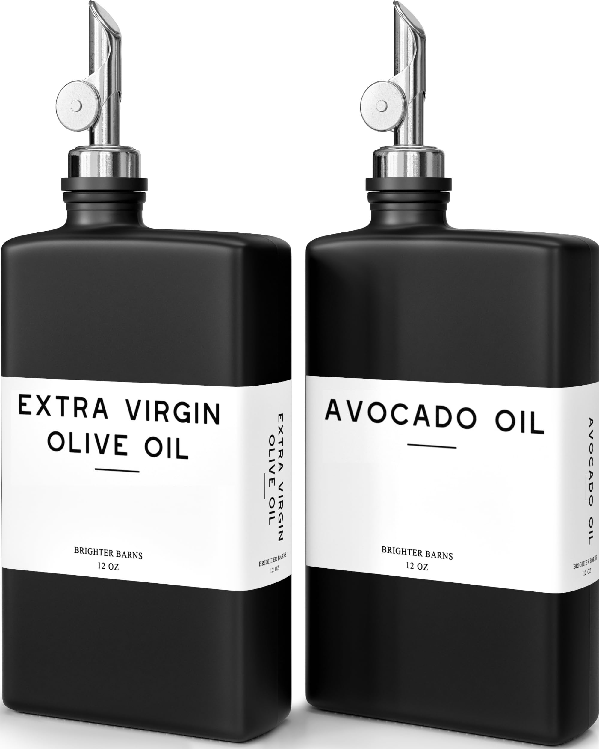 Photo 1 of Black Glass Olive Oil Dispenser Bottle for Kitchen by Brighter Barns - Soy Sauce Dispenser, Coffee Syrup Bottle - Kitchen Decor for Restaurant, Airbnb, Coffee Bar Accessories (Black/Silver, Set of 2)
