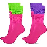 AIBFRID 2 Pairs Neon Slouch Socks for Women 80s 90s Women’s Scrunch Socks Extra Long Knee High Leg Warmers Neon Party Outfit