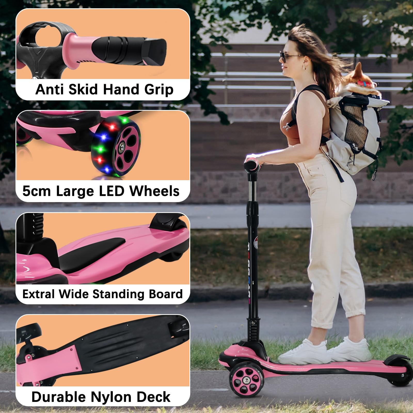 3 Wheels Kick Scooter for Kids Teens Ages 6-18 Years Extral Wide Deck 4 Adjustable Height and Foldable Handlebar LED Flashing Glider Push Scooter for Boys Girls
