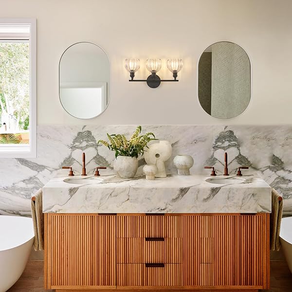 SHENMOYL BATHROOM LIGHT FIXTURES, 3-LIGHT BLACK VANITY WALL LIGHT OVER MIRROR WITH CLEAR TULIP GLASS SHADE FOR BEDROOM LIVING ROOM (BULB NOT INCLUDED)