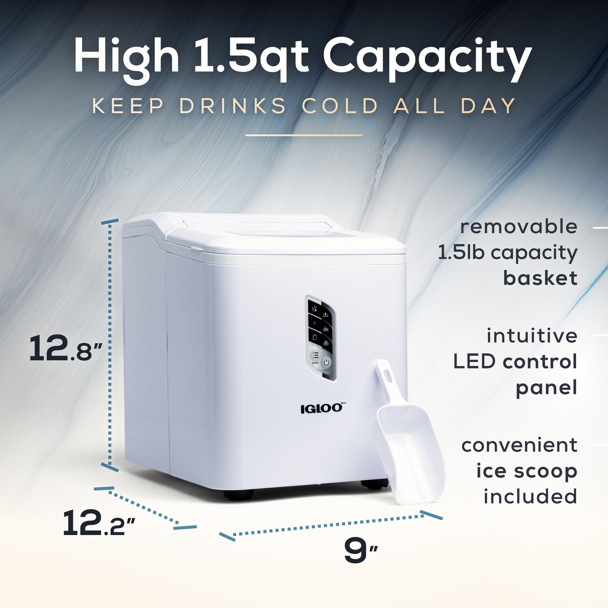 Igloo Automatic Ice Maker, Self- Cleaning, Countertop Size, 26 Pounds in 24 Hours, 9 Large or Small Ice Cubes in 7 Minutes, LED Control Panel, Scoop Included, Perfect for Water Bottles, Mixed Drinks