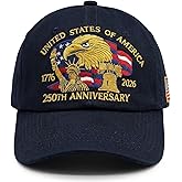 250th Anniversary USA Hat - United States 250th Anniversary Patriotic Adjustable Baseball Cap with Embroidered Bald Eagle