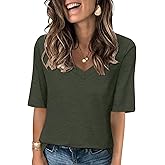 TICTICMISS Women's V Neck T Shirts Half Sleeve Tops Casual Solid Summer Tees
