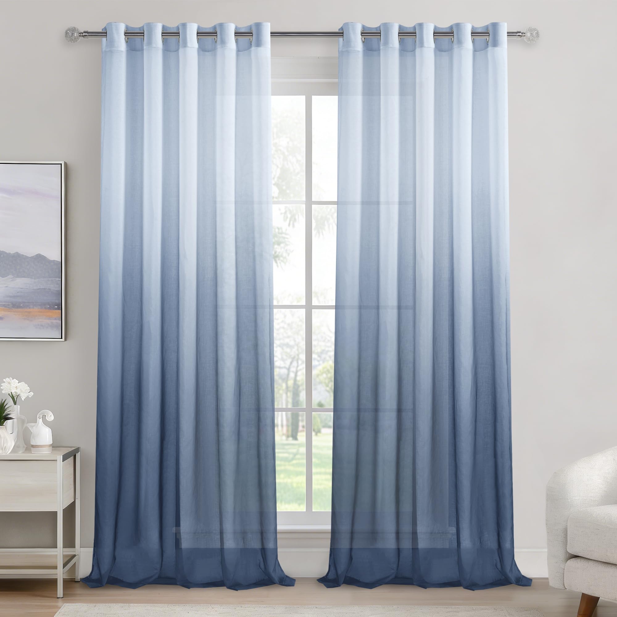DWCN Blue Gradient Curtains for Living Room Net Curtain Eyelet Voile Curtains 90 Drop Pair Sheer curtains for Bedroom Set of 2, 66 x 90 Inches