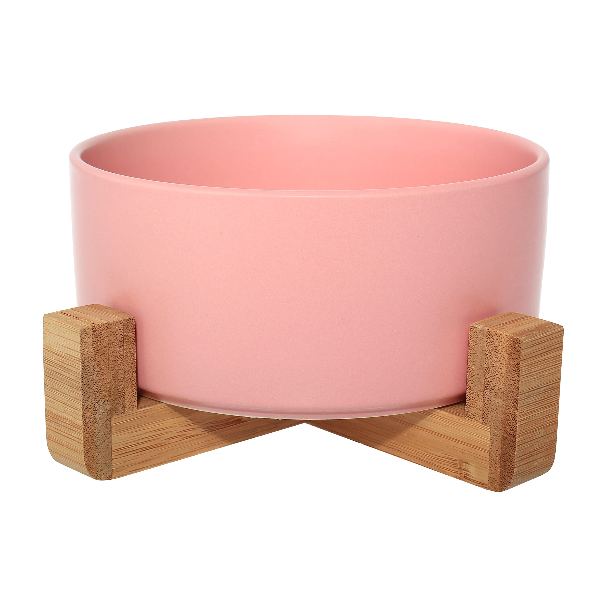 Ceramic Bowl with Bamboo Stand for Dogs & Cats, Raised Bowl for a Comfortable Position Whilst Eating & Drinking, Options, 850ml Capacity (Pink)