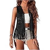 LouVasabuce Women Boho Western Tassel Vest Open Front Faux Suede Fringe Cardigan Sleeveless Jacket Vintage Hippie Outwear