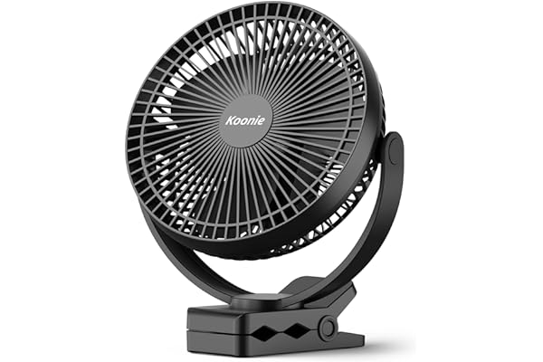 Koonie 10000mAh Clip Fan, 8 Inch Rechargeable USB Fan, Black | Strong airflow, 4 speeds, Sturdy clamp for golf cart, Office d