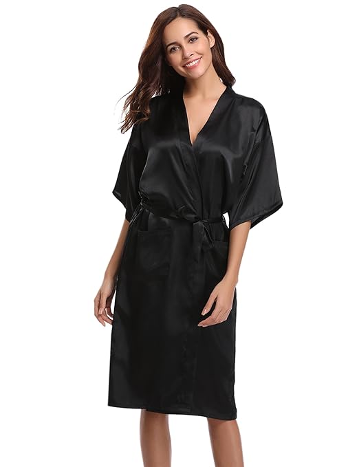 Aibrou Damen Satin Morgenmantel Kimono Lang Bademantel Schlafanzug Negligee Nachthemd Nachtwäsche Unterwäsche V Ausschnitt Mi