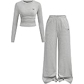 SOLY HUX Girl's 2 Piece Outfits Bow Print Long Sleeve Ruched T Shirt and Wide Leg Pants Set Fall Clothes
