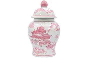 Galt International 8" Ceramic Ginger Jar w/Lid - Classic Chinese Style Porcelain Jar Tea Storage for Home Decor Decorative Centerpiece Vintage Accent Antique Vase Jingdezhen (Pink & White)