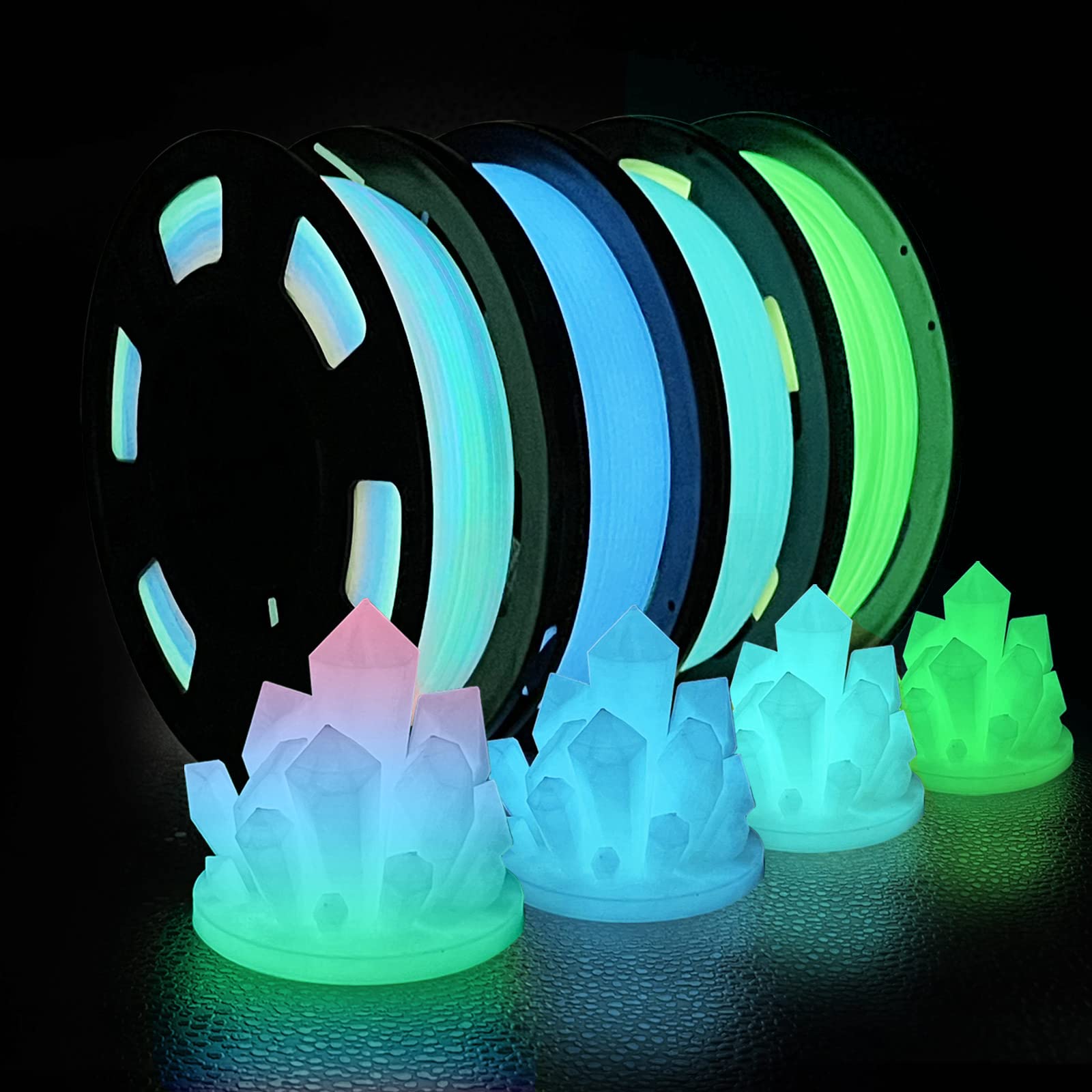 iSANMATE Glow in The Dark PLA Filament 1.75mm, Fluorescent Green, Blue, Blue-Green, Rainbow 3D Printer Filament 4 x 250g Spool, Accuracy +/- 0.03 mm