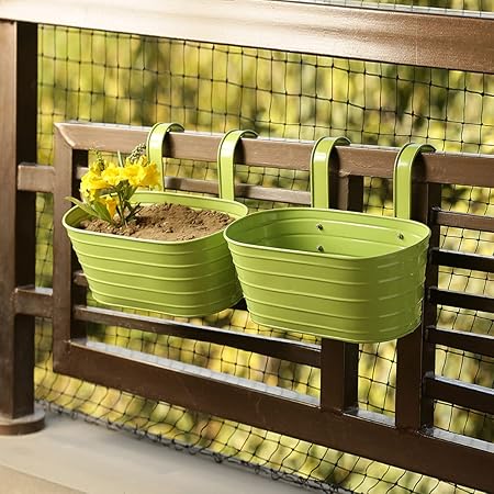 ExclusiveLane Grass Green Garden and Balcony Decorative Metal Hanging Railing and Table Flower Planter Pot (Set of 2)