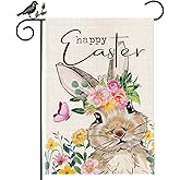 GEEORY Happy Easter Bunny Floral Crown Garden Flag 12x18 - Watercolor Rabbit & Eucalyptus Burlap Flag for Spring Yard Outdoor Decor