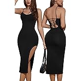Women's Lace Up Backless Strappy Sleeveless Side Split Cami Dress Spaghetti Strap Bodycon Shape Dress