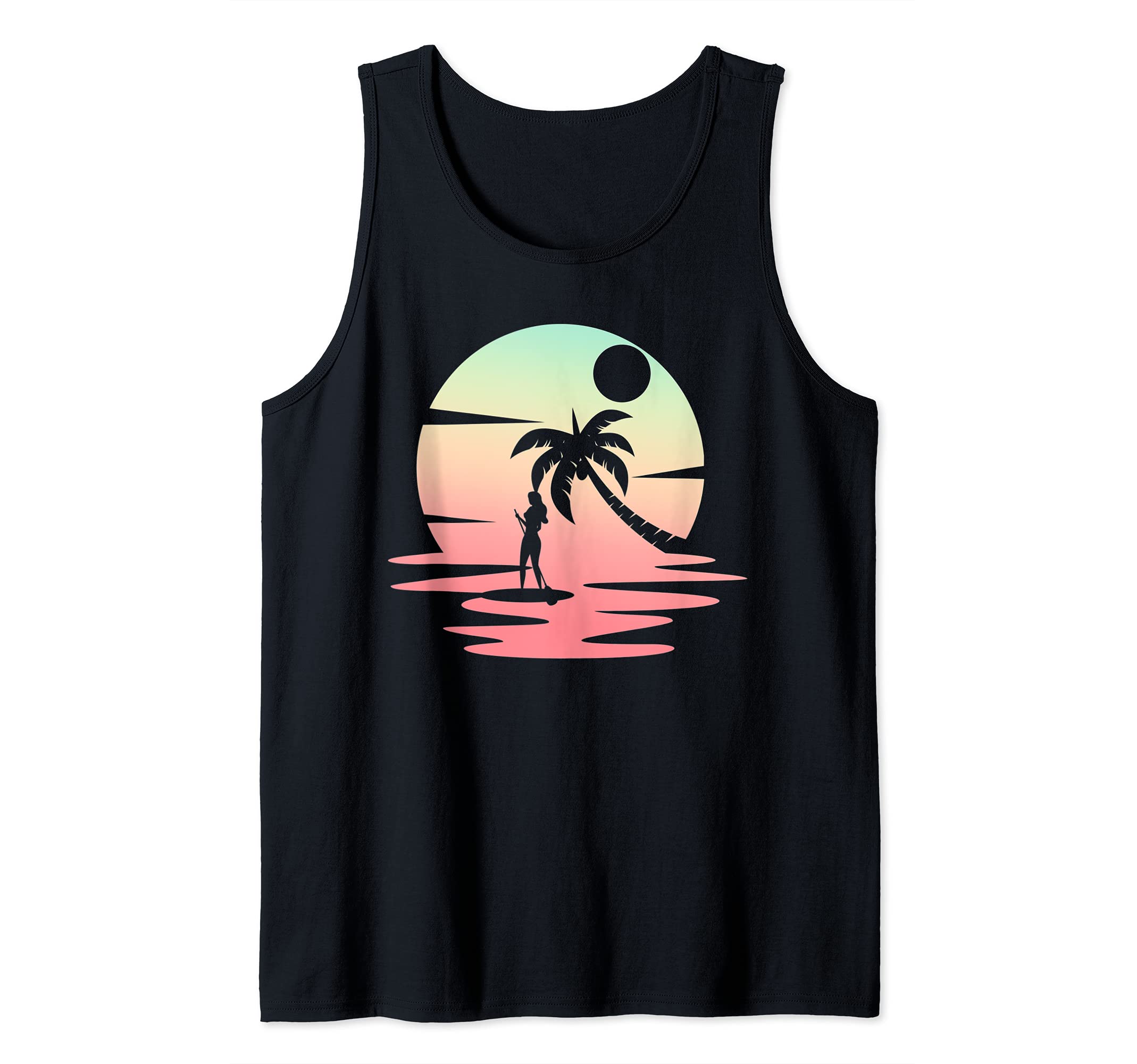 Palm Tree Stand Up Paddler Tropical Sunny Beach Outdoor SUP Tank Top