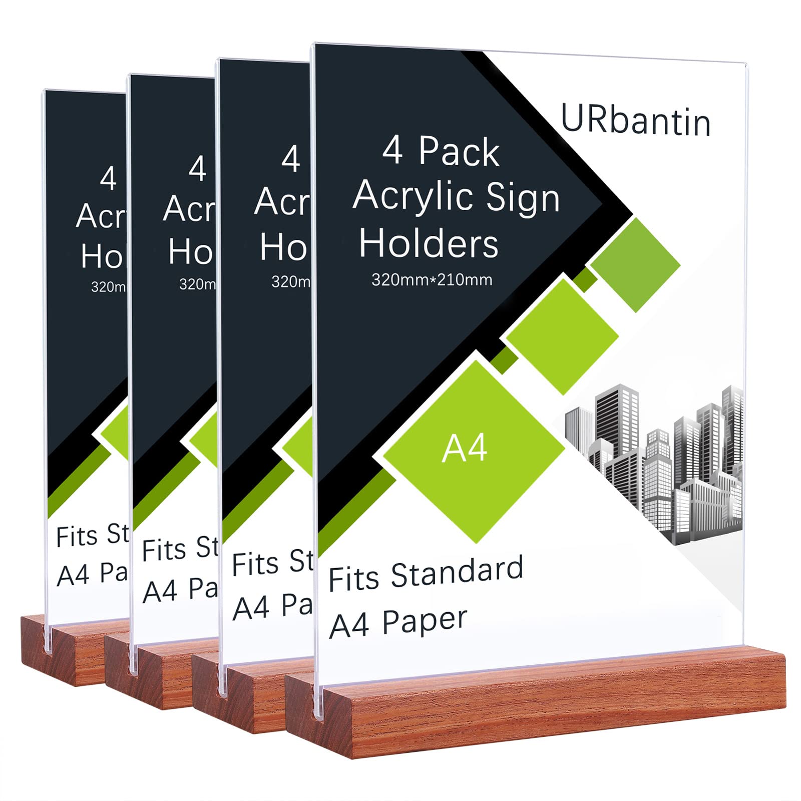 URbantin A4 Acrylic Sign Holder,4 Pack Clear Display Stands Plastic Menu Holders for Restaurant, Hotel, Documents, Office, Shop (Wood Base)
